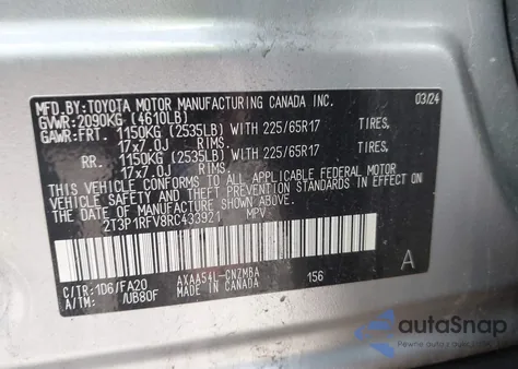 2024 Toyota Rav4 Xle/Xle Premium z USA, uszkodzony, nr VIN 2T3P1RFV8RC433921